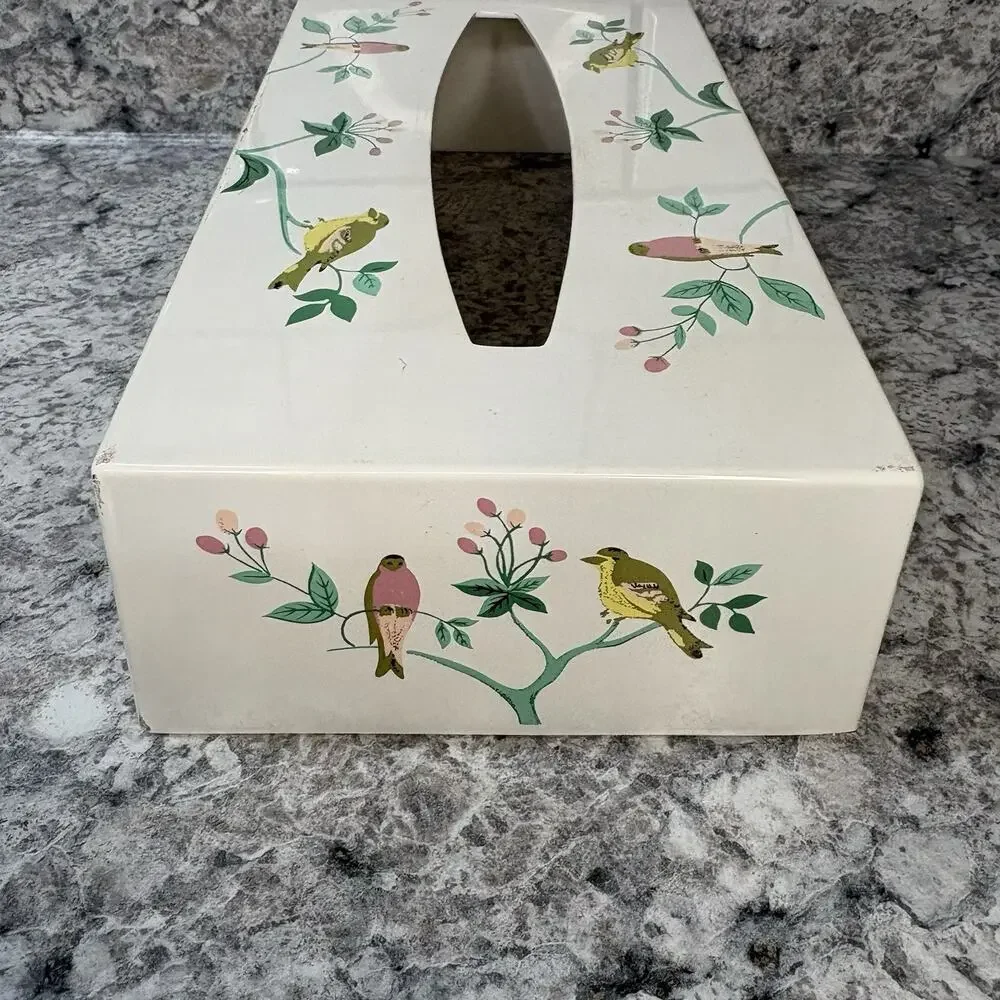 Vintage Tissue Box Cover Birds Flowers Platic Japan Jakson Bath MCM Decoration